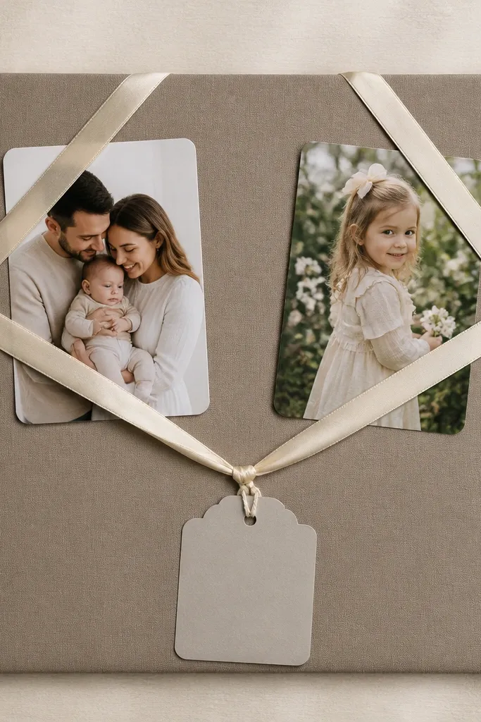Cream board with satin ribbon strips holding small photos and tags