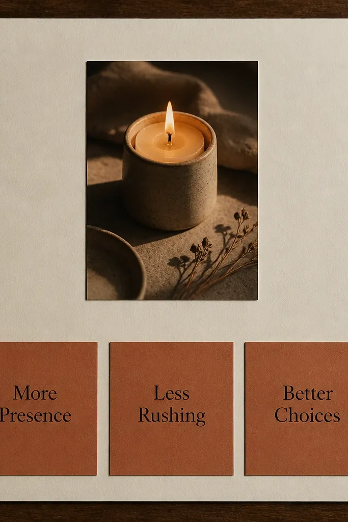 Terracotta and off-white cards with minimal black quote lines and one candle