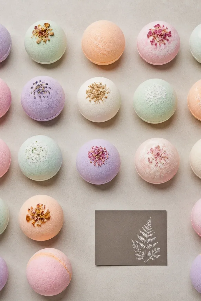 Pastel bath bomb colors arranged in tidy rows with a neutral background