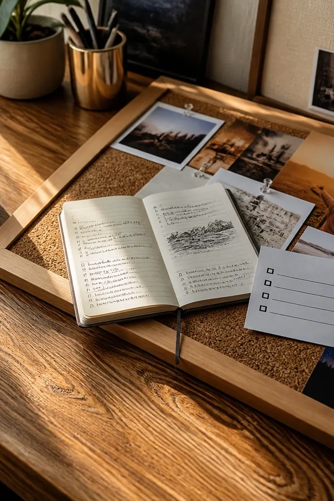 Warm wood desk background with a journal, pen, and a small checklist card
