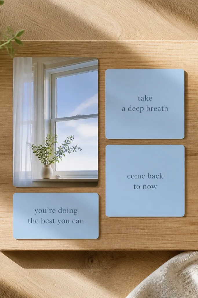 Soft blue sky cards with a single window light and three reset phrases