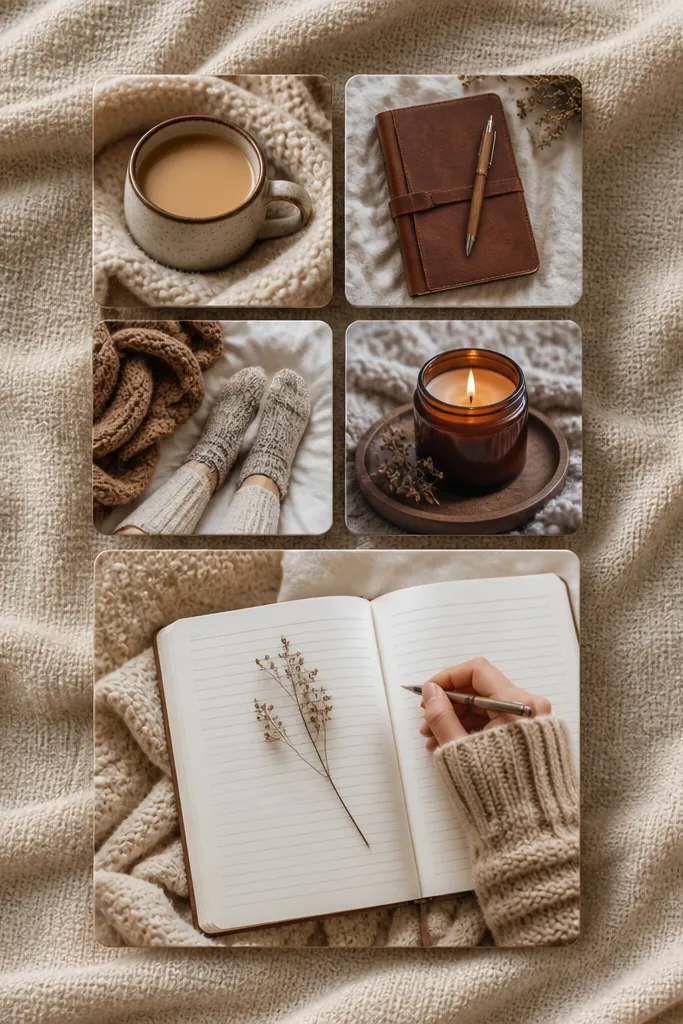 Beige blanket background with four small squares and one larger journal card
