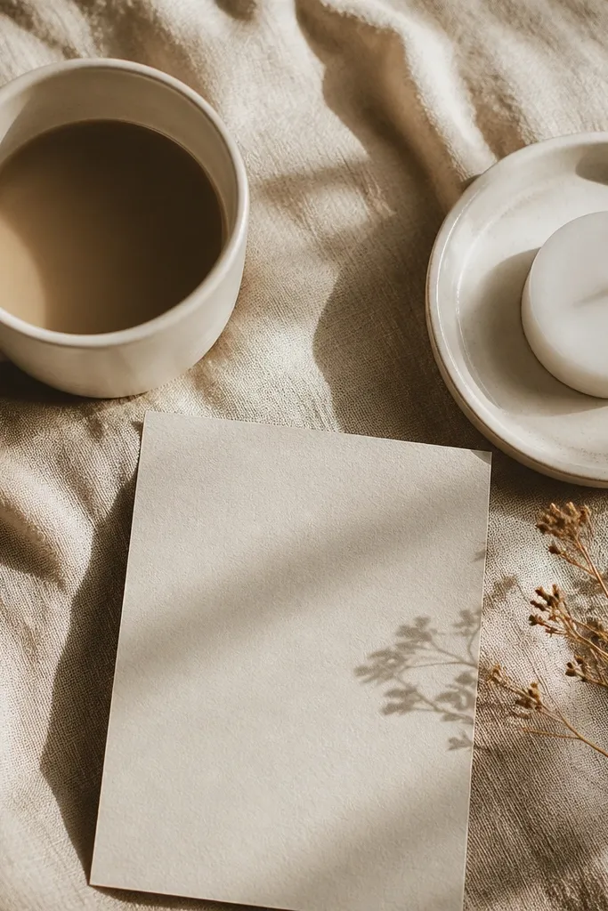 White ceramic still life with minimal props and a centered intention card