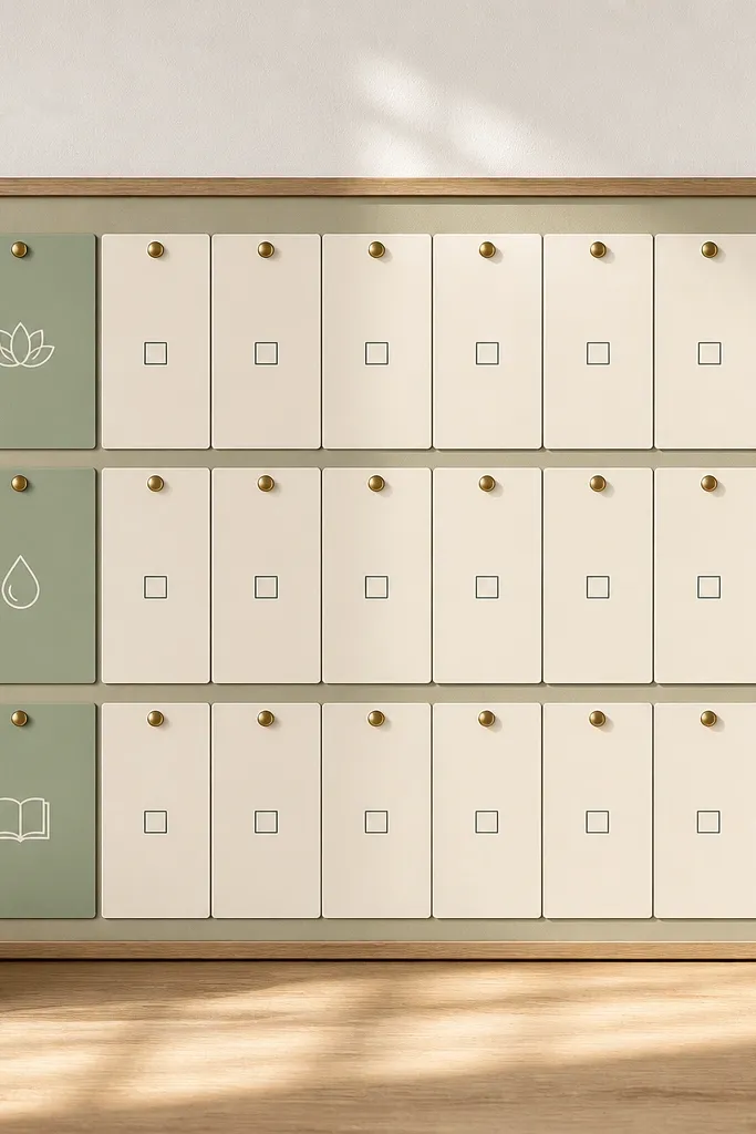 Sage and cream cards with a simple habit tracker grid and one cozy
