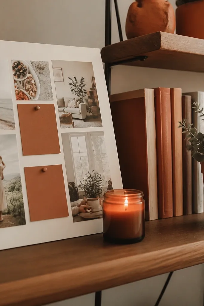 Terracotta shelf styling with books, a candle, and a small plant arranged in a neat row