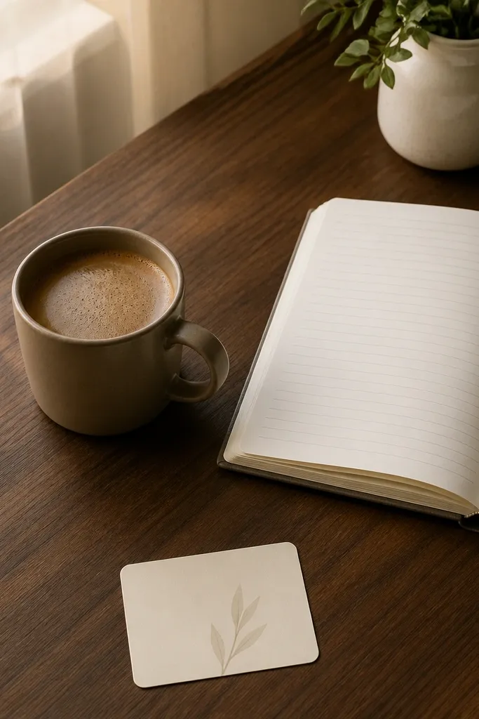 Mocha coffee cup next to a journal page on a neutral background with a small card