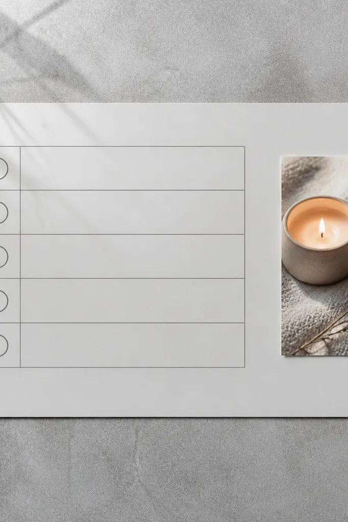 Soft grey board with a checklist grid and one small candle