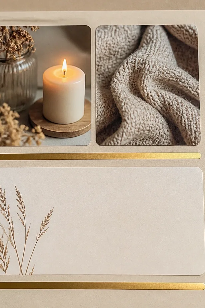 Warm beige cards with a thin gold foil line, two small photos, and calm text