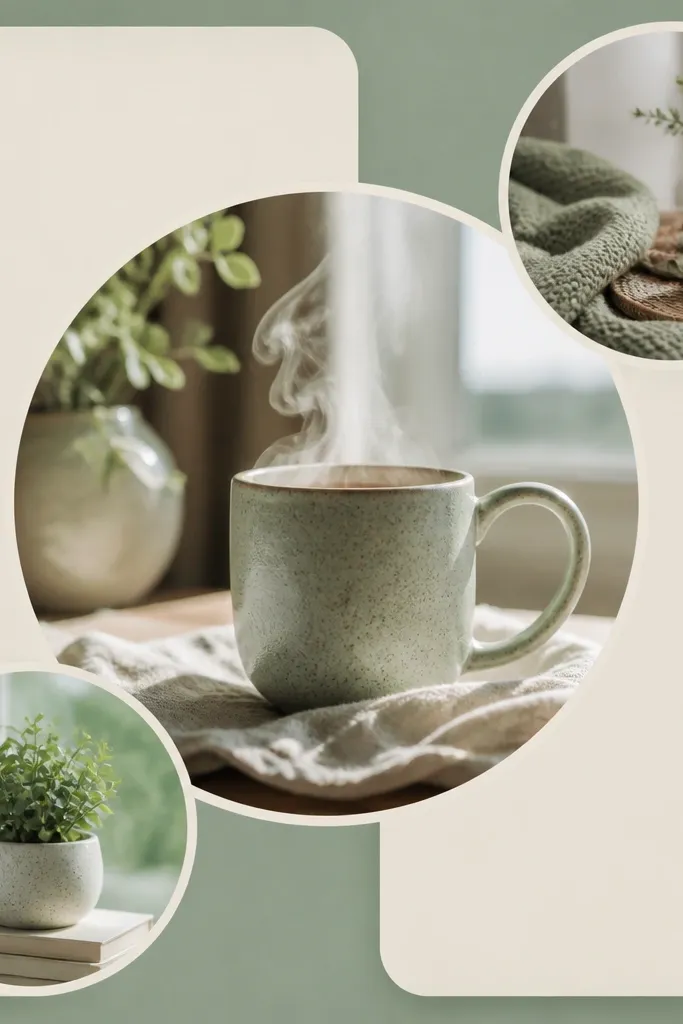 Sage circle frames around small photos with one larger portrait in warm tones
