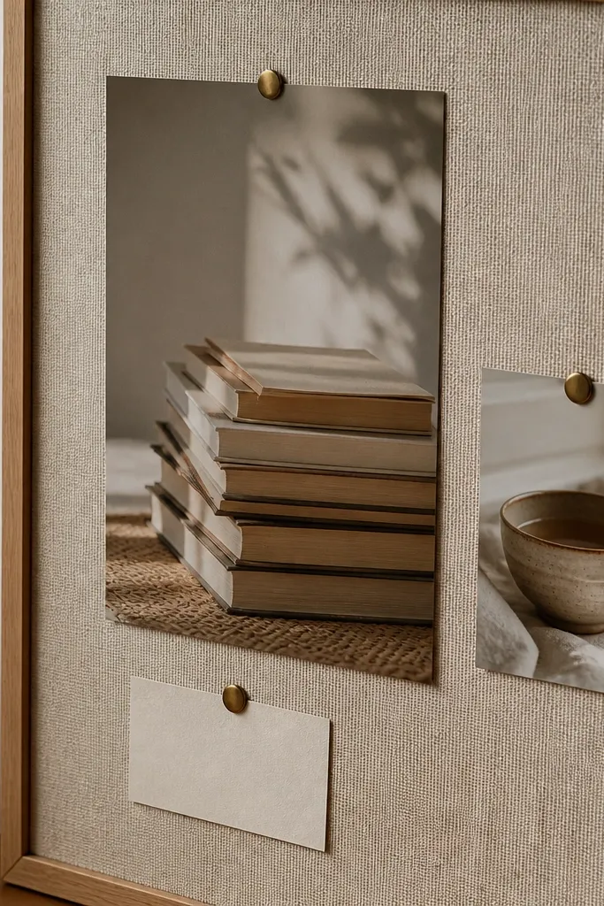 Stack of neutral coffee table books with a candle and a single intention card