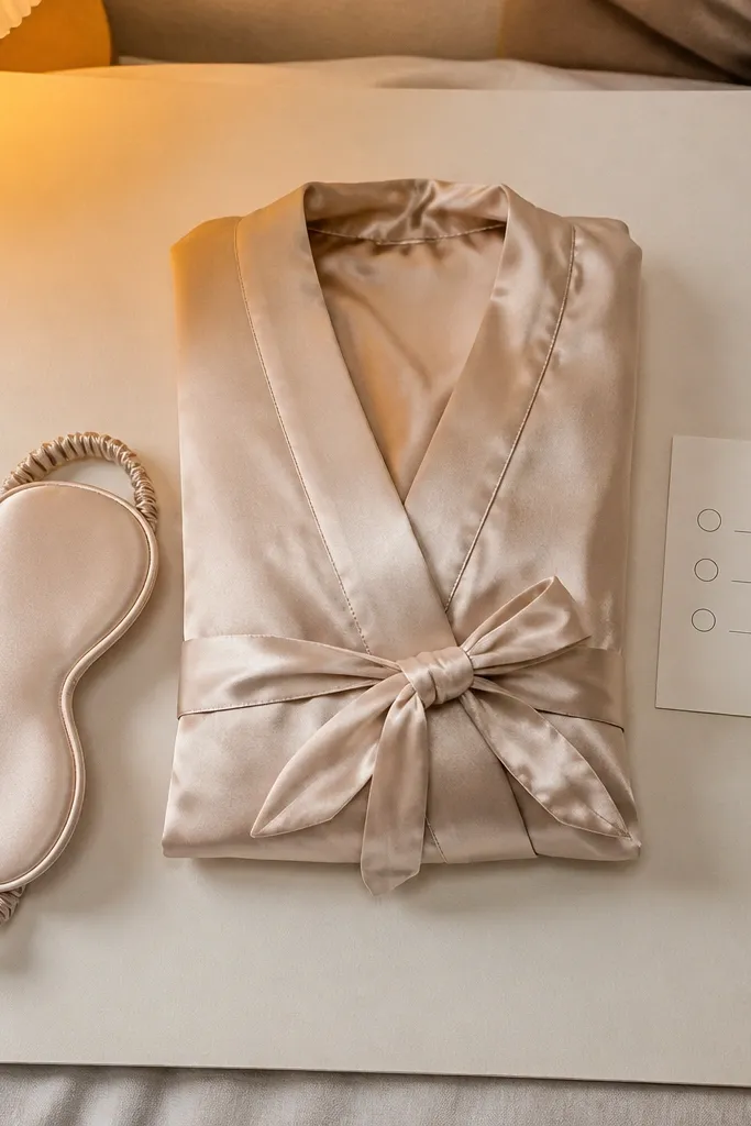 Satin sleep mask on a neutral bed with a small checklist card