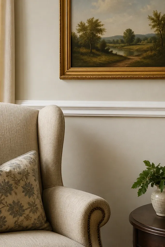 Off-white wall with a wood chair rail and framed wall art