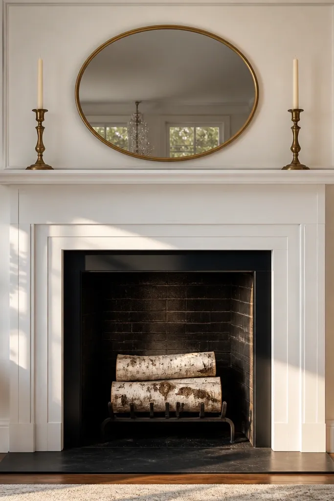 White mantel surround with a centered mirror and warm-toned decor