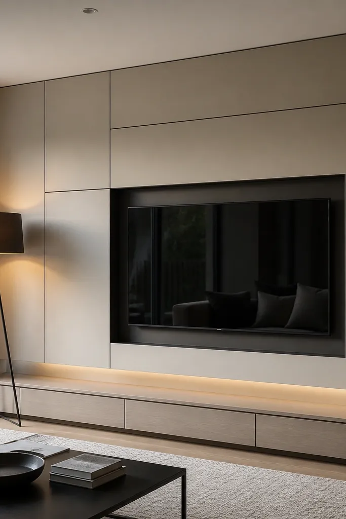 Flat-panel media wall with a TV centered and a narrow shadow line