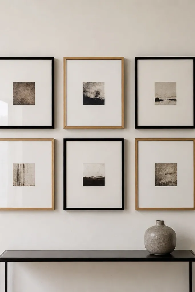 Evenly spaced frames arranged in a clean grid on a light wall