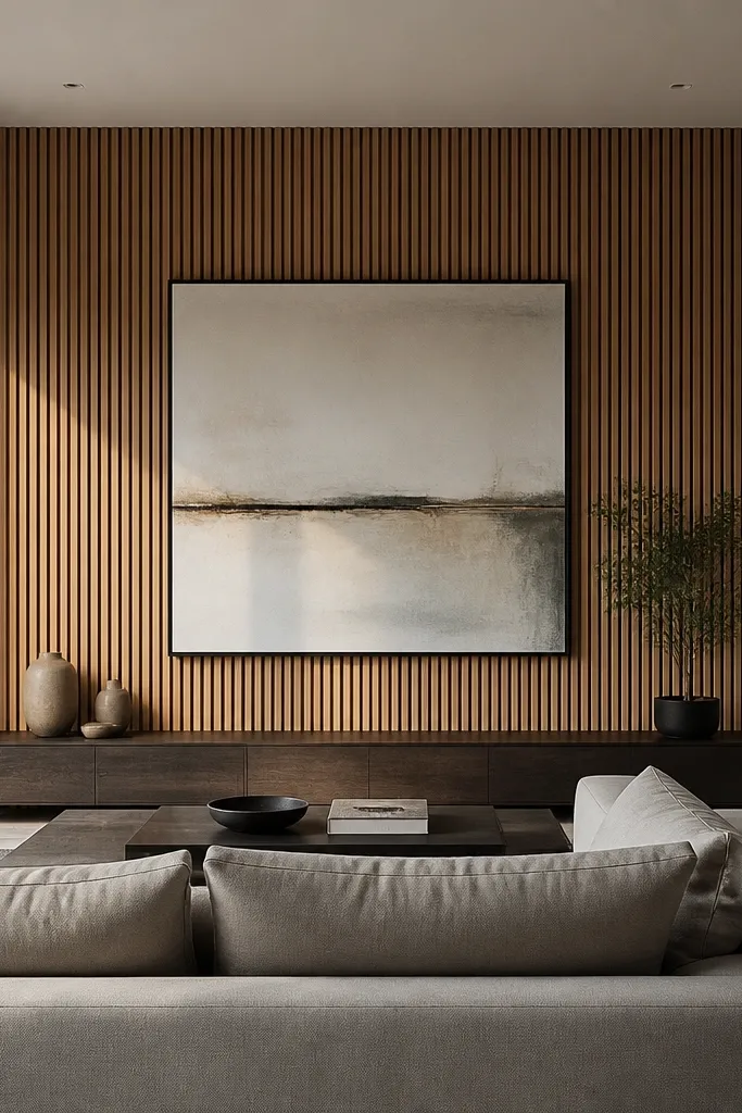 Light wall with vertical wood panels on one side and simple decor