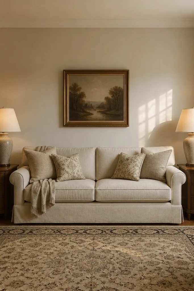 Sofa centered with two identical side tables and matching lamps