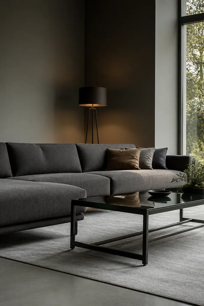 Low sofa with a simple coffee table that sits slightly higher than cushions