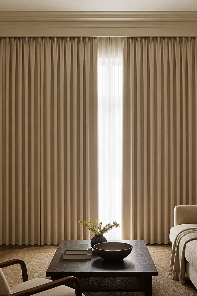 Floor-length curtains hung high with full folds covering a large window