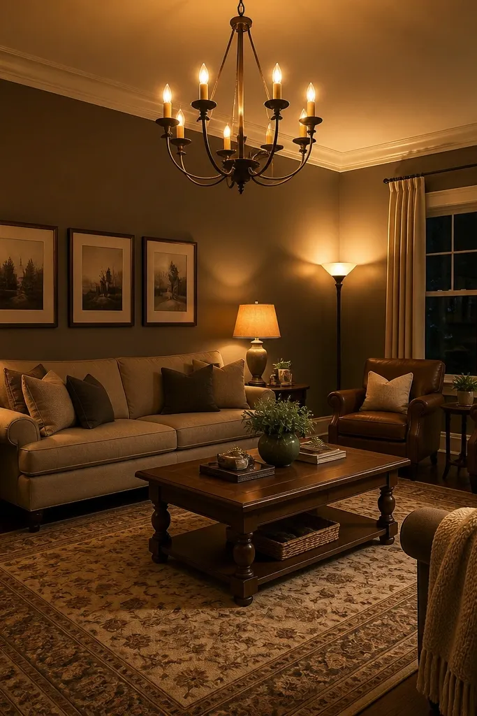 Warm lamps on side tables and a tall floor lamp in the corner