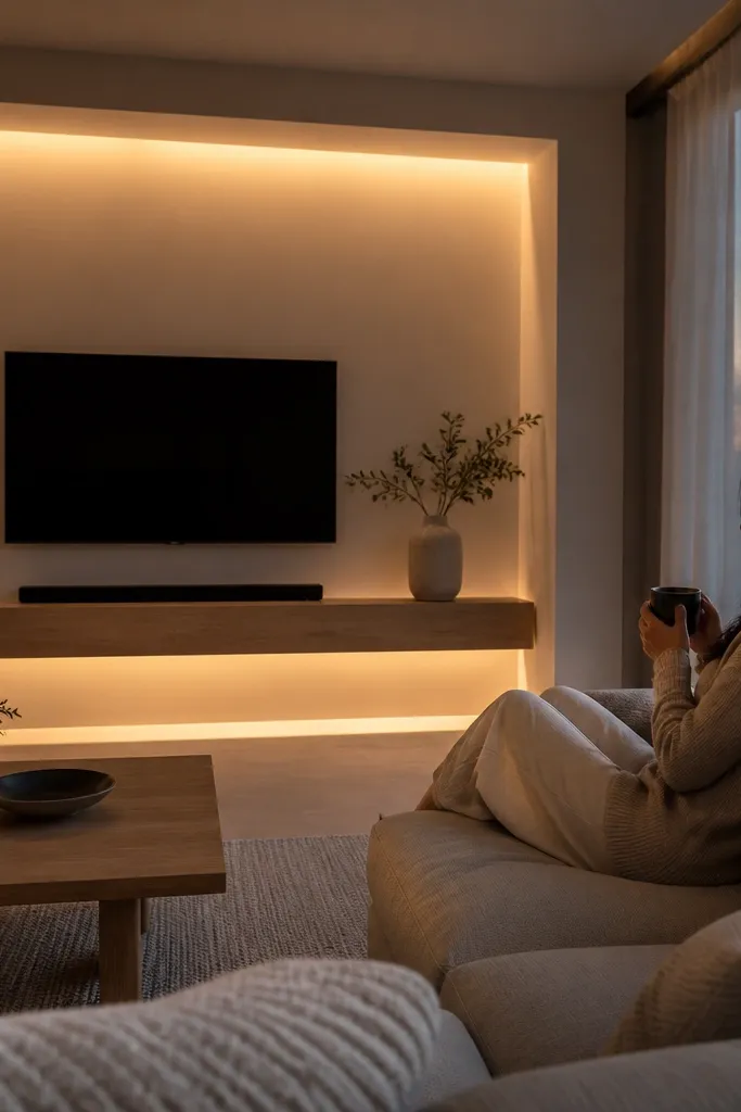 Wall has a subtle glow line under a shelf and around a feature panel