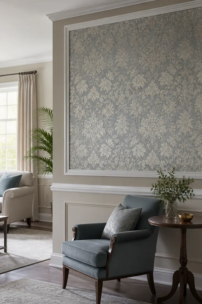 Floral wallpaper on one wall with a chair rail and framed art