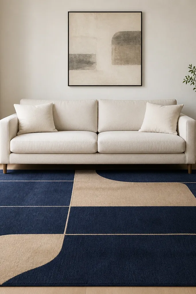 Geometric modern rug with a solid sofa and minimal decor