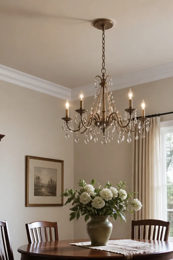 Ceiling has a simple cornice trim line in off-white with warm lighting