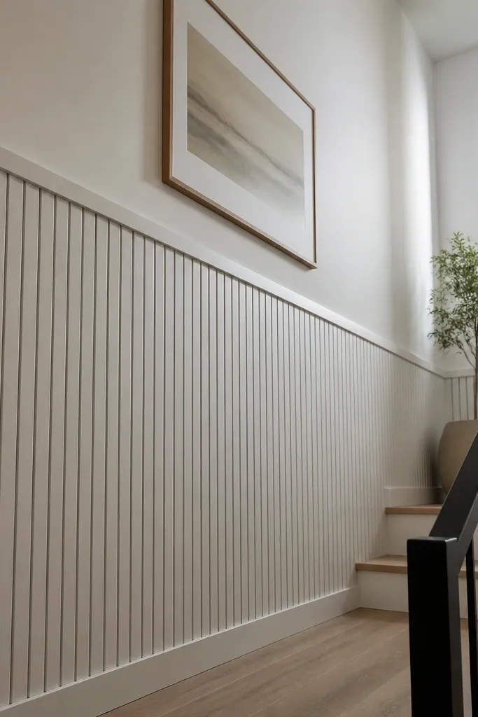 White wall with vertical slats framed by thin rails