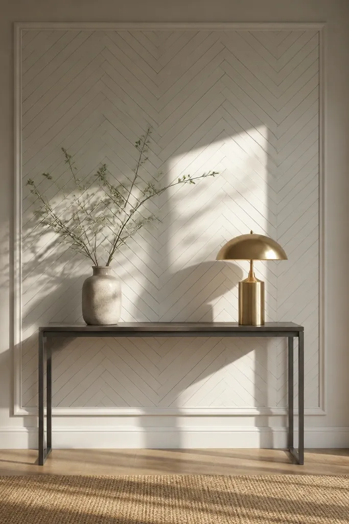 White wall with small herringbone pattern in a framed band
