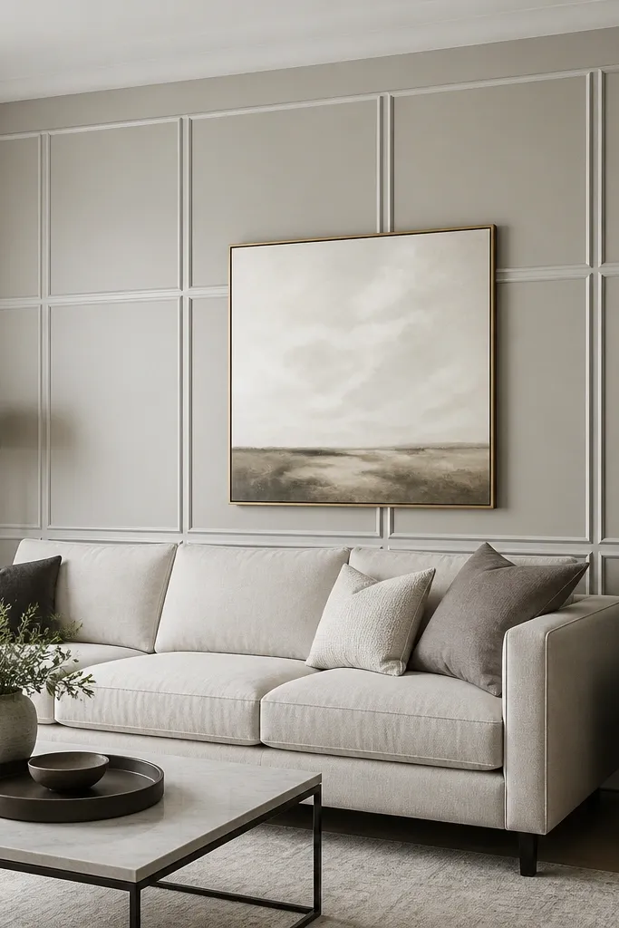 White wall with beveled rectangle panels and flat rails