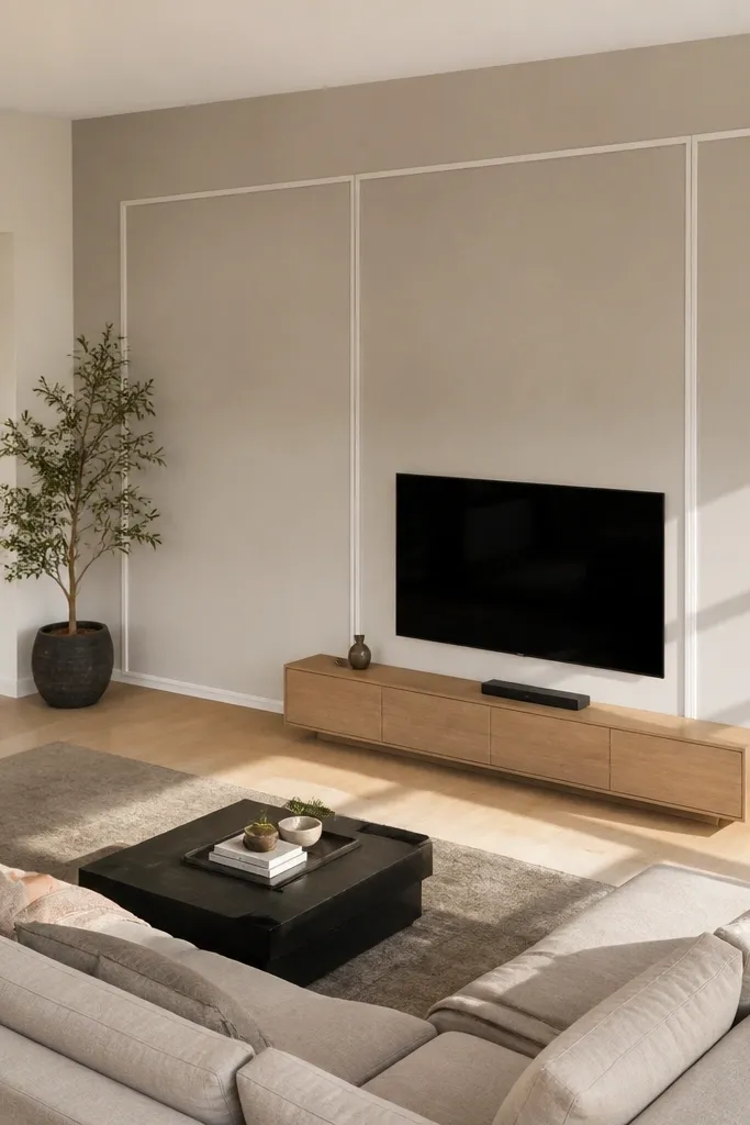 White wall with large flat-panel rectangles and thin border