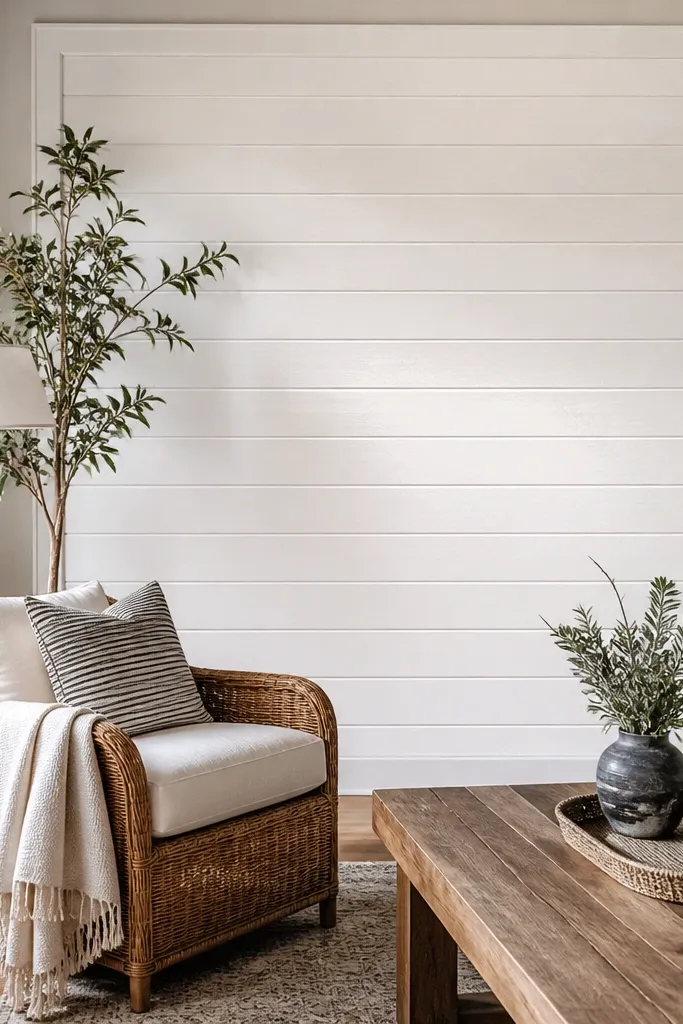 White wall with horizontal plank panels inside a framed wainscot section