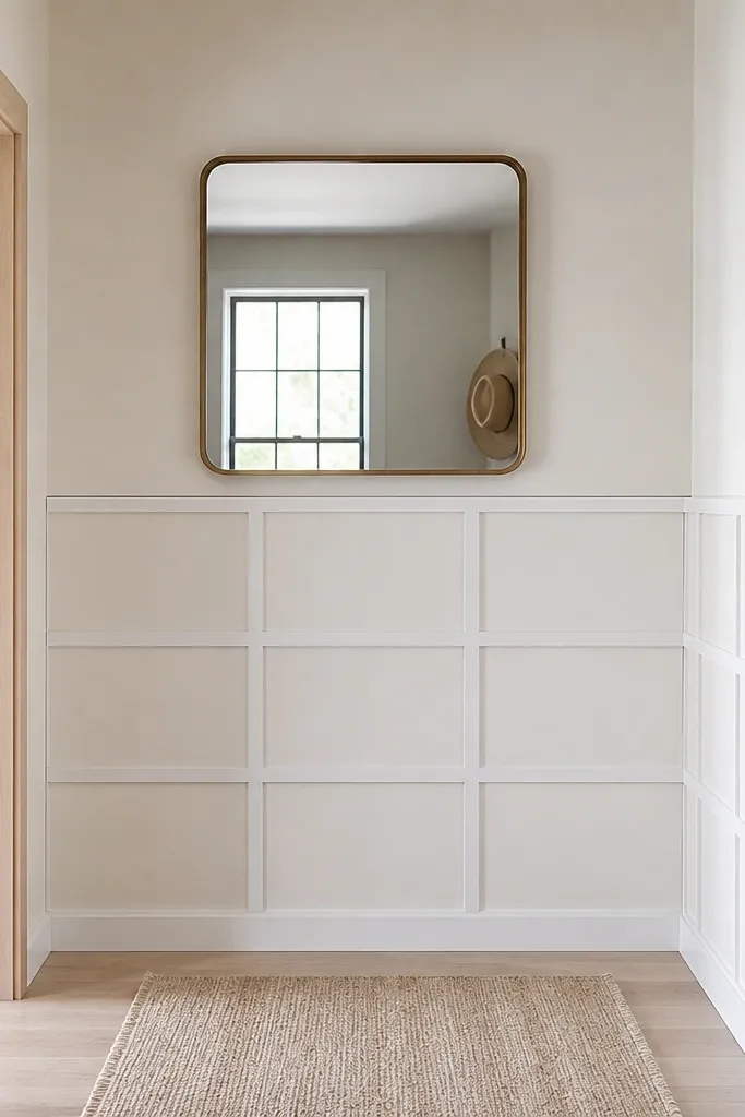 White wall with thin trim grid squares but no filled panel backs