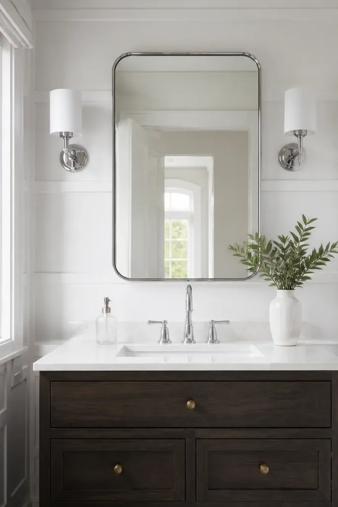 White wall with raised horizontal rails and flat panel area