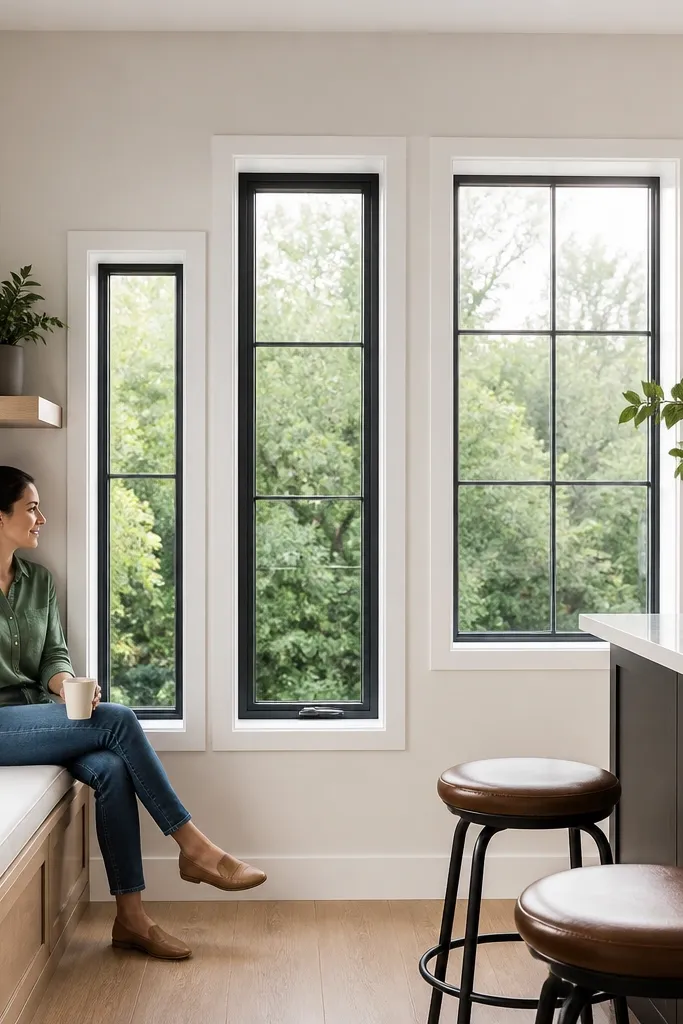 White wall with asymmetrical rectangle panels aligned on one horizontal rail