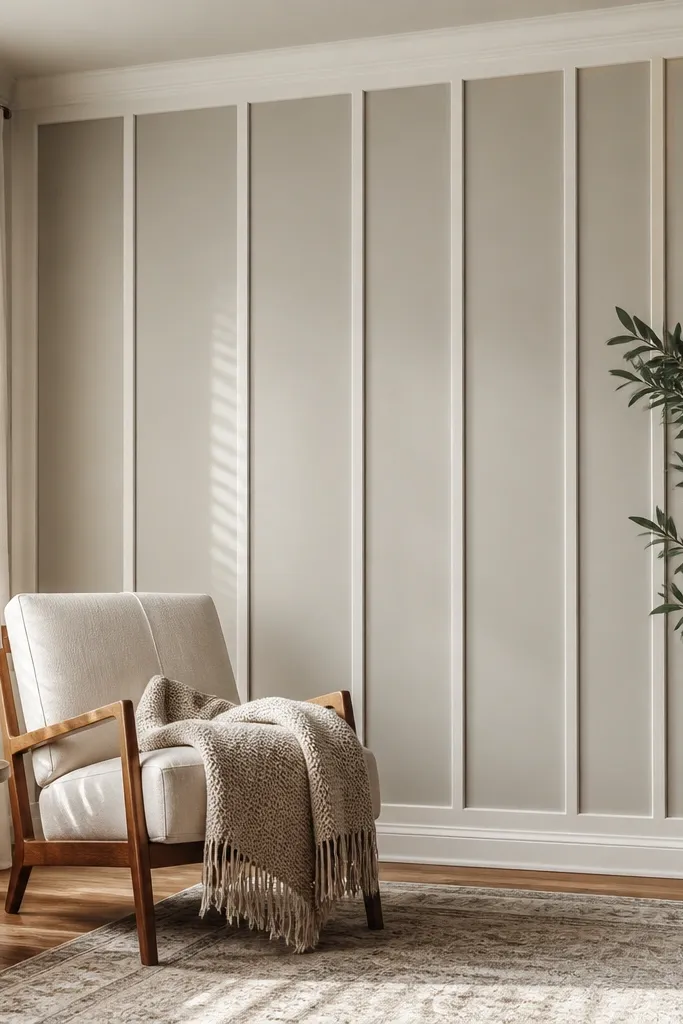 White wall with staggered vertical panels of different widths