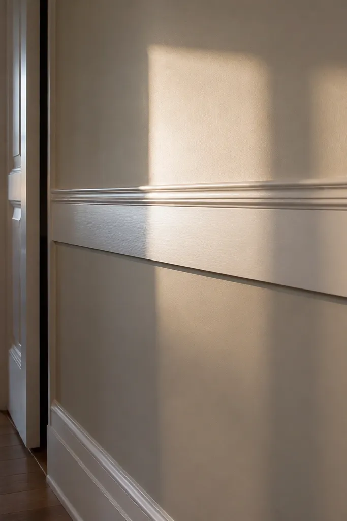 White chair rail with a second thin rail above on a beige wall