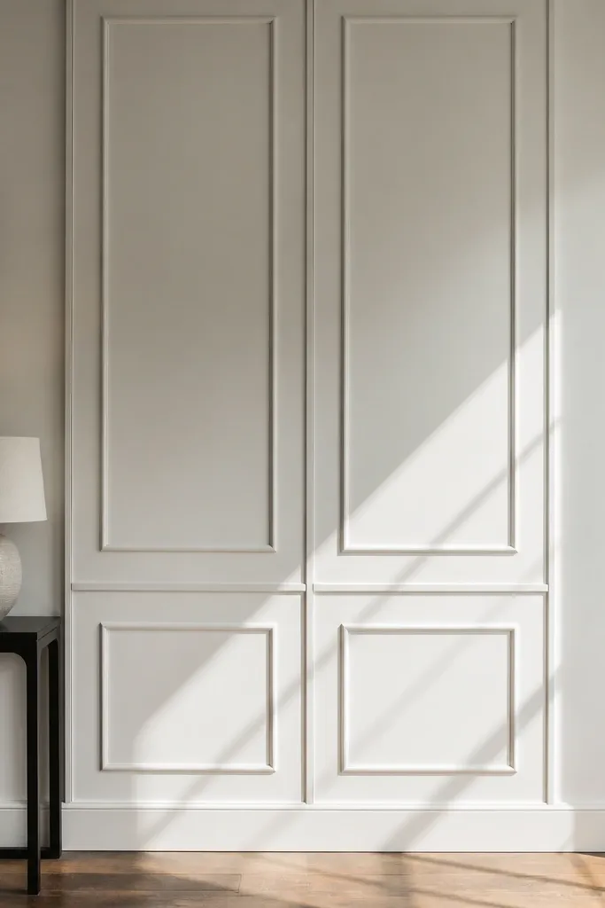 Square wall panels arranged in a grid with a mid-height rail on white wall