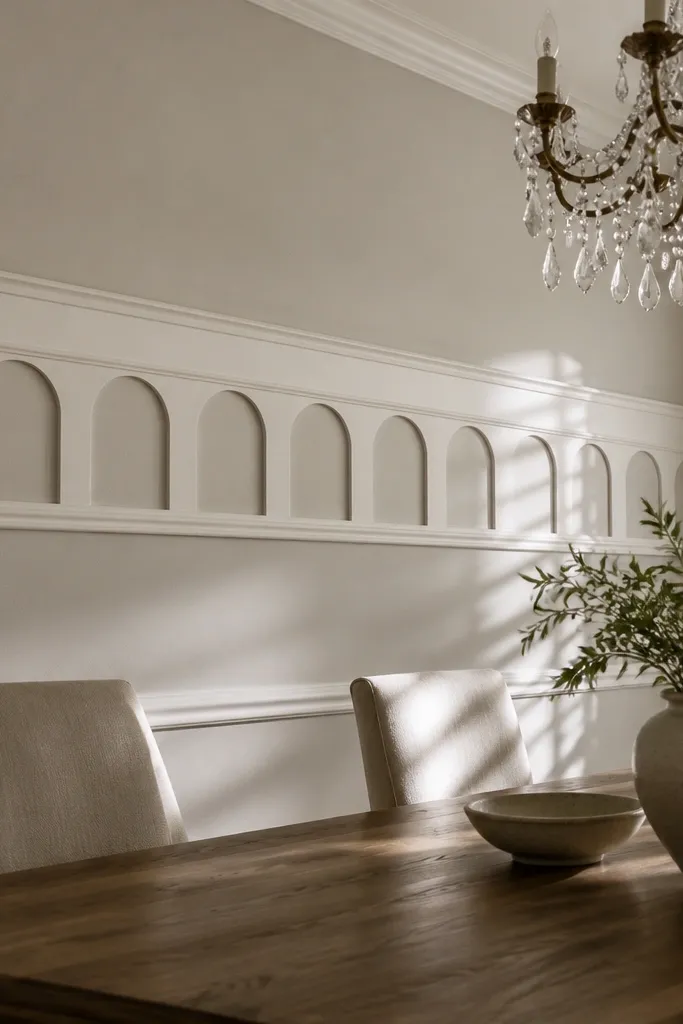 White frieze band with rounded arch panel shapes beneath on gray wall