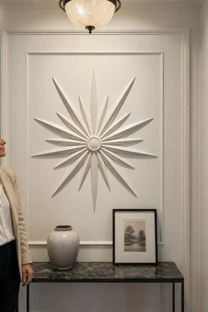 Raised starburst cartouche in the center of a wall with rectangular moulding border