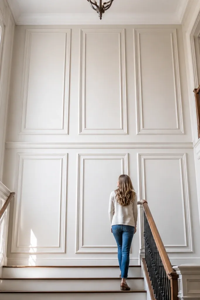 Tall moulding panels spanning two levels with a horizontal dividing rail