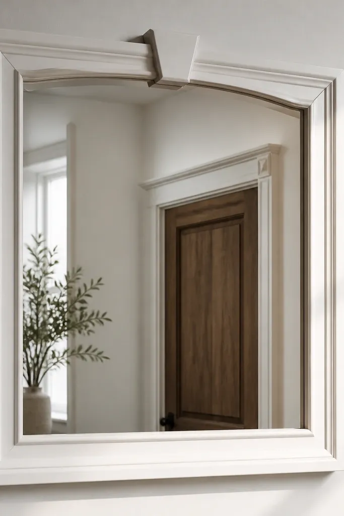 Keystone-shaped motif above a mirror with rectangular moulding trim