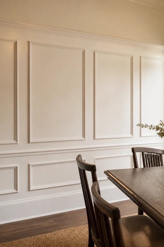 Wainscot-style panels with a thicker bottom cap rail on a light wall