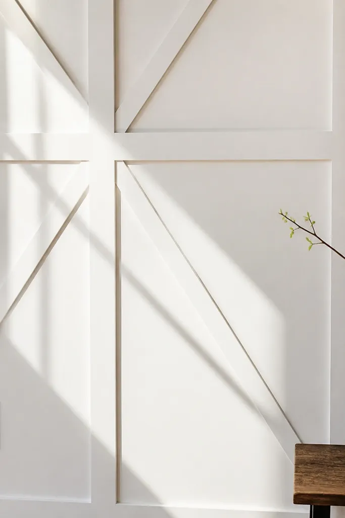 Wall moulding panels with diagonal corner braces forming a subtle X