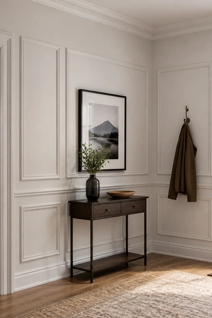 Picture-frame moulding panels wrapping a corner with consistent lines
