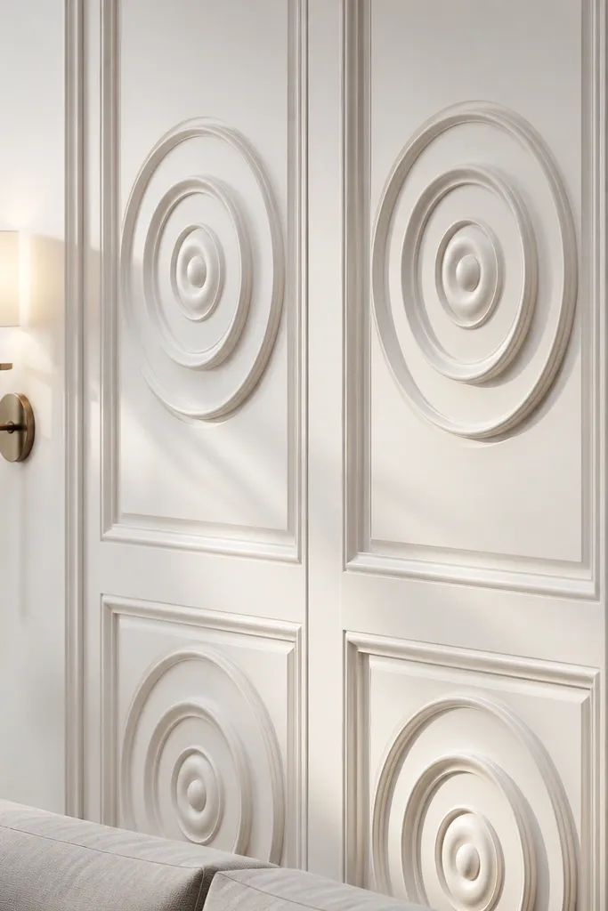 Circular medallion details centered inside rectangular moulding panels