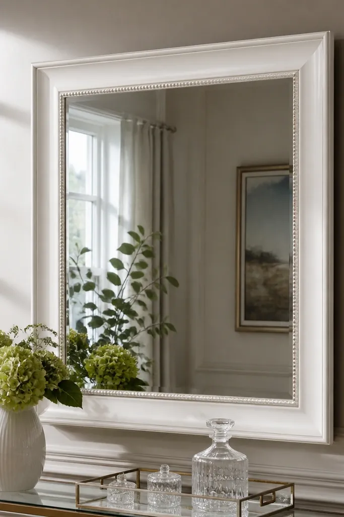 Framed mirror surrounded by moulding with a thin beaded inner line