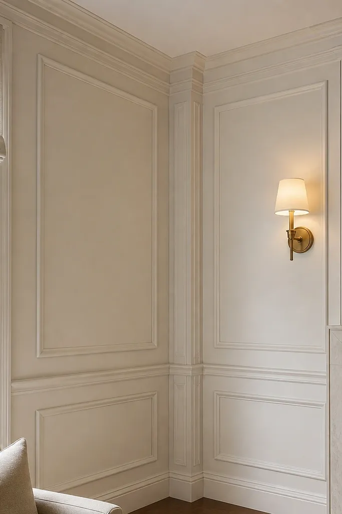 Corner wall with panels and a small crown moulding return near ceiling