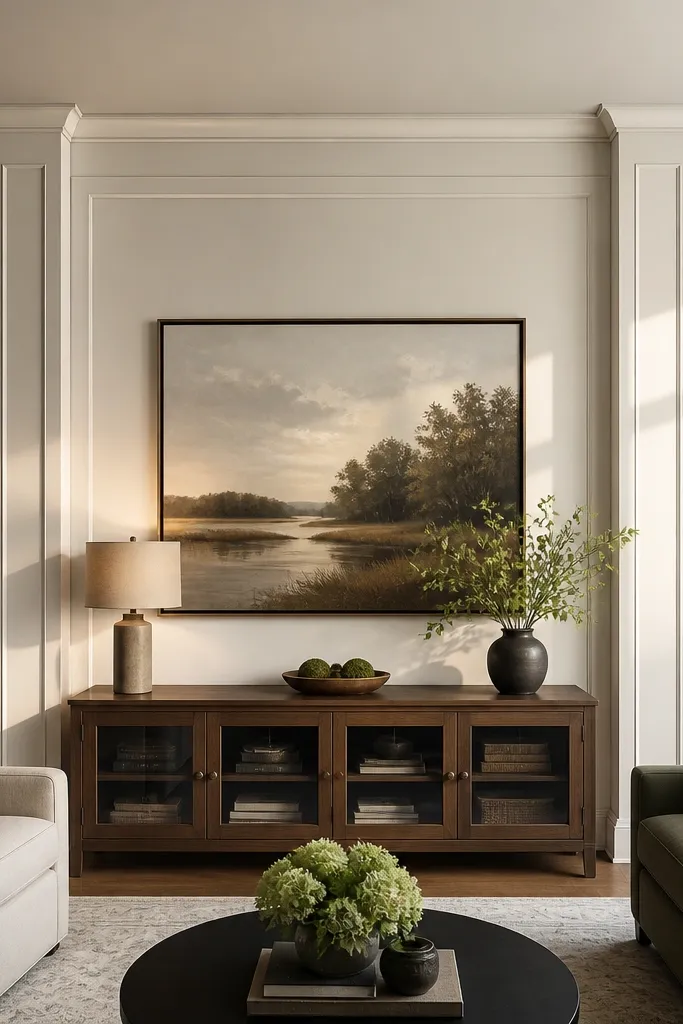 Moulded French-style paneling creates a fireplace-breast look on a blank wall